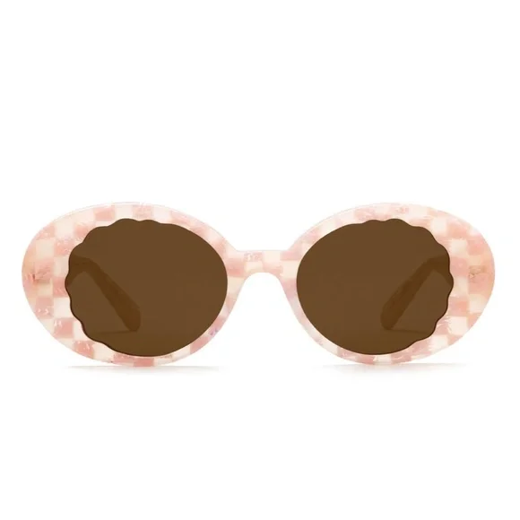 NWT KREWE Alixe Checkered Plaid Pink Oval Sunglasses, Retro 80's shape - Picture 1 of 5